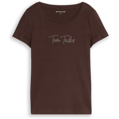 TOM TAILOR Damen T-Shirt mit Glitzer-Logo, braun, Uni, Gr. S TOM TAILOR Damen T-Shirt mit Glitzer-Logo, braun, Uni, Gr. S