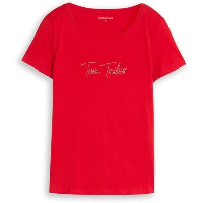 TOM TAILOR Damen T-Shirt mit Glitzer-Logo, rot, Uni, Gr. M TOM TAILOR Damen T-Shirt mit Glitzer-Logo, rot, Uni, Gr. M