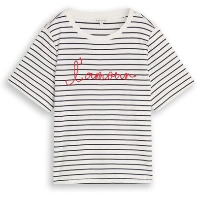 TOM TAILOR Damen T-Shirt mit Schriftzug, weiß, Gestreift, Gr. L TOM TAILOR Damen T-Shirt mit Schriftzug, weiß, Gestreift, Gr. L