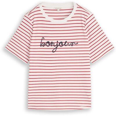 TOM TAILOR Damen T-Shirt mit Schriftzug, rot, Gestreift, Gr. L TOM TAILOR Damen T-Shirt mit Schriftzug, rot, Gestreift, Gr. L