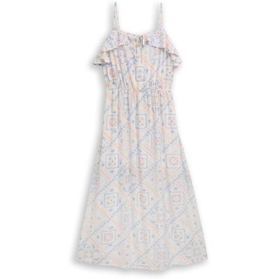 TOM TAILOR DENIM Damen Midi-Kleid mit Leinenanteil, weiß, Gemustert, Gr. XS TOM TAILOR DENIM Damen Midi-Kleid mit Leinenanteil, weiß, Gemustert, Gr. XS