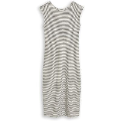 TOM TAILOR DENIM Damen Fitted Jacquard Midi-Kleid, weiß, Gestreift, Gr. XS TOM TAILOR DENIM Damen Fitted Jacquard Midi-Kleid, weiß, Gestreift, Gr. XS