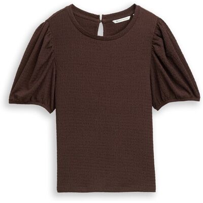 TOM TAILOR DENIM Damen Crinkle T-Shirt mit Ballonärmeln, braun, Uni, Gr. M TOM TAILOR DENIM Damen Crinkle T-Shirt mit Ballonärmeln, braun, Uni, Gr. M