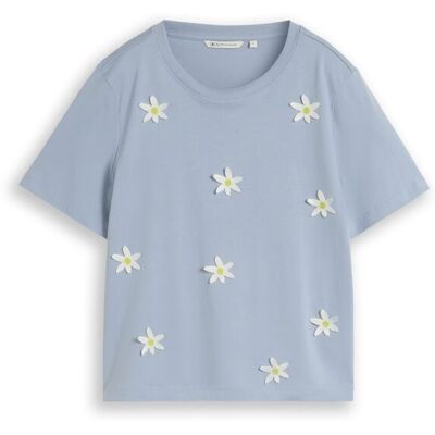 TOM TAILOR DENIM Damen Loose Fit T-Shirt mit Häkelblumen-Applikationen, blau, Uni, Gr. S TOM TAILOR DENIM Damen Loose Fit T-Shirt mit Häkelblumen-Applikationen, blau, Uni, Gr. S