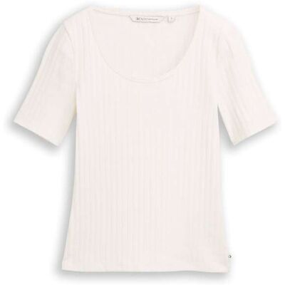 TOM TAILOR DENIM Damen Slim Fit Pointelle T-Shirt, weiß, Uni, Gr. XL TOM TAILOR DENIM Damen Slim Fit Pointelle T-Shirt, weiß, Uni, Gr. XL