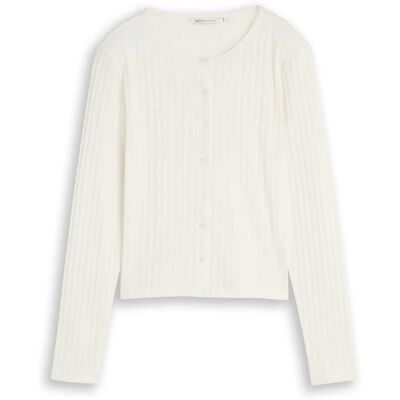 TOM TAILOR DENIM Damen Pointelle Cardigan mit Knopfleiste, weiß, Uni, Gr. M TOM TAILOR DENIM Damen Pointelle Cardigan mit Knopfleiste, weiß, Uni, Gr. M