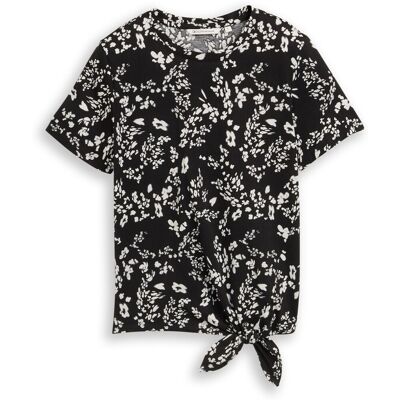 TOM TAILOR DENIM Damen T-Shirt mit Knotendetail, schwarz, Geblümt, Gr. XS TOM TAILOR DENIM Damen T-Shirt mit Knotendetail, schwarz, Geblümt, Gr. XS
