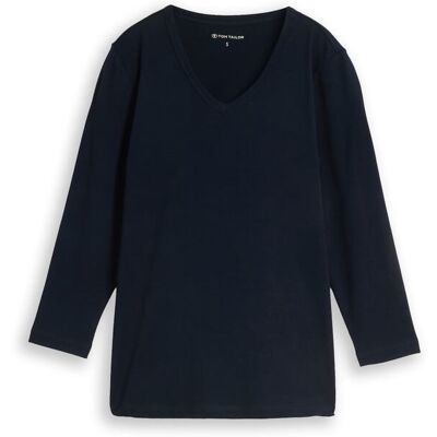 TOM TAILOR Damen Basic Langarmshirt mit V-Ausschnitt, blau, Uni, Gr. S TOM TAILOR Damen Basic Langarmshirt mit V-Ausschnitt, blau, Uni, Gr. S