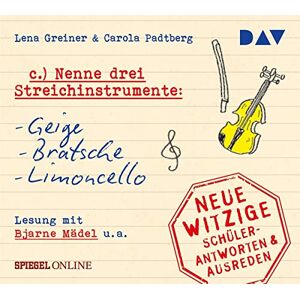 Lena Greiner - Nenne drei Streichinstrumente: Geige, Bratsche, Limoncello. Neue witzige Schülerantworten & Lehrersprüche: Szenische Lesung mit Bjarne Mädel und Cathlen Gawlich (1 CD) - Preis vom 11.06.2026 05:43:19 h Lena Greiner - Nenne drei Streichinstrumente: Geige, Bratsche, Limoncello. Neue witzige Schülerantworten & Lehrersprüche: Szenische Lesung mit Bjarne Mädel und Cathlen Gawlich (1 CD) - Preis vom 11.06.2026 05:43:19 h