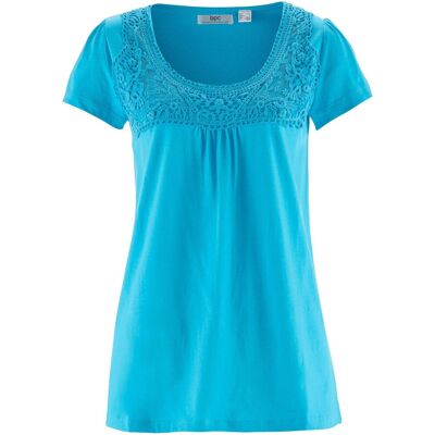 bonprix Baumwoll Shirt mit Spitze, Kurzarmblau 48Damen bonprix Baumwoll Shirt mit Spitze, Kurzarmblau 48Damen