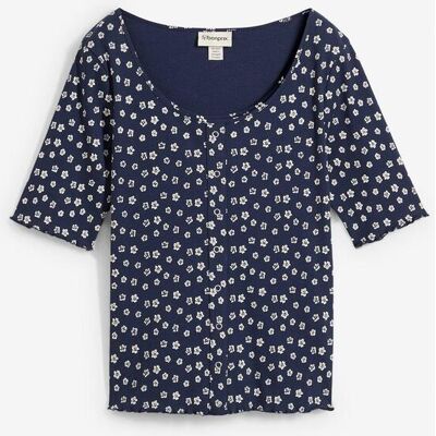 bonprix Ripp-Shirt mit Blumendruck, Halbarmblau 52Damen bonprix Ripp-Shirt mit Blumendruck, Halbarmblau 52Damen