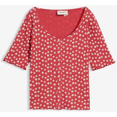 bonprix Ripp-Shirt mit Blumendruck, Halbarmrot 40Damen bonprix Ripp-Shirt mit Blumendruck, Halbarmrot 40Damen