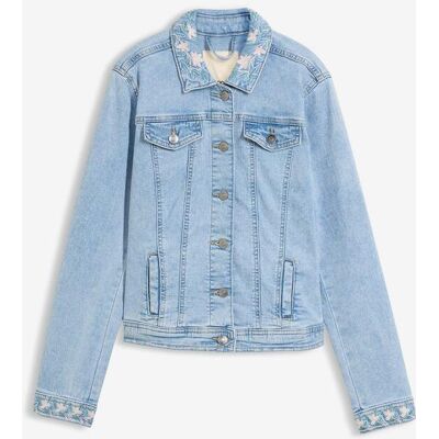 bonprix Jeansjacke mit Stickereiblau 48Damen bonprix Jeansjacke mit Stickereiblau 48Damen