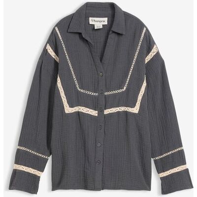 bonprix Musselin-Bluse mit Spitzeneinsätzengrau 36Damen bonprix Musselin-Bluse mit Spitzeneinsätzengrau 36Damen