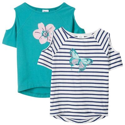 bonprix Cold-Shoulder-Shirt mit Bio-Baumwolle (2er Pack)blau 176Mädchen bonprix Cold-Shoulder-Shirt mit Bio-Baumwolle (2er Pack)blau 176Mädchen