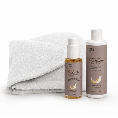basler Arganöl Macadamia Hair & UV-Protection Set (Shampoo 200ml + Haaröl 50ml + Haarturban) basler Arganöl Macadamia Hair & UV-Protection Set (Shampoo 200ml + Haaröl 50ml + Haarturban)