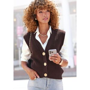 Strickweste LASCANA "Amira", Damen, Gr. 36/38, braun (dunkelbraun), Strick, Obermaterial: 60% Baumwolle, 40% Polyacryl, unifarben, figurumspielend taillenbedeckt, tiefer V-Ausschnitt, Westen Strickweste, mit goldenen Knöpfen, Pullunder, modisch Strickweste LASCANA "Amira", Damen, Gr. 36/38, braun (dunkelbraun), Strick, Obermaterial: 60% Baumwolle, 40% Polyacryl, unifarben, figurumspielend taillenbedeckt, tiefer V-Ausschnitt, Westen Strickweste, mit goldenen Knöpfen, Pullunder, modisch
