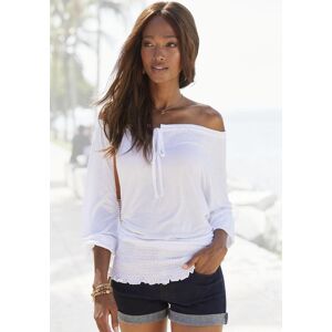 Carmenshirt LASCANA, Damen, Gr. 52/54, weiss (weiß), Jersey, Obermaterial: 100% Viskose, unifarben, figurumspielend hüftlang, Carmenausschnitt, Volant mit innenliegendem Gummizug, Shirts Carmenshirt, mit 3/4-Ärmeln, Blusenshirt mit Bindeband und Gummizug Carmenshirt LASCANA, Damen, Gr. 52/54, weiss (weiß), Jersey, Obermaterial: 100% Viskose, unifarben, figurumspielend hüftlang, Carmenausschnitt, Volant mit innenliegendem Gummizug, Shirts Carmenshirt, mit 3/4-Ärmeln, Blusenshirt mit Bindeband und Gummizug