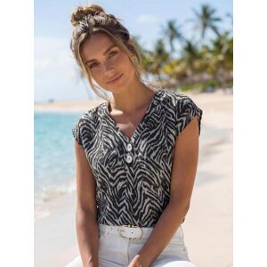 Schlupfbluse LASCANA, Damen, Gr. 46, beige (schwarz, creme, bedruckt), Web, Obermaterial: 100% Viskose, figurumspielend hüftlang, V-Ausschnitt, Blusen Schlupfbluse, mit Zebraprint und modischen Knöpfen, Kurzarmbluse, sommerlich Schlupfbluse LASCANA, Damen, Gr. 46, beige (schwarz, creme, bedruckt), Web, Obermaterial: 100% Viskose, figurumspielend hüftlang, V-Ausschnitt, Blusen Schlupfbluse, mit Zebraprint und modischen Knöpfen, Kurzarmbluse, sommerlich