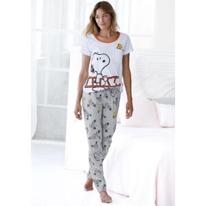 Pyjama PEANUTS, Damen, Gr. 40/42, grau (weiß, grau), Single Jersey, Obermaterial: 100% Baumwolle, bedruckt, Basic, bequem lang, Rundhals, eingesetzt, Homewear-Sets Pyjama, mit Snoopy und Woodstock Druck Pyjama PEANUTS, Damen, Gr. 40/42, grau (weiß, grau), Single Jersey, Obermaterial: 100% Baumwolle, bedruckt, Basic, bequem lang, Rundhals, eingesetzt, Homewear-Sets Pyjama, mit Snoopy und Woodstock Druck