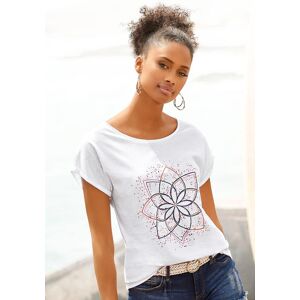 T-Shirt BUFFALO "mit modischem Frontdruck", Damen, Gr. 40/42, weiss (weiß), Single Jersey, Obermaterial: 100% Baumwolle, unifarben mit Farbeinsätzen, bequem, Rundhals, mit Aufschlag, Shirts T-Shirt, Sommershirt aus luftiger Baumwoll-Qualität T-Shirt BUFFALO "mit modischem Frontdruck", Damen, Gr. 40/42, weiss (weiß), Single Jersey, Obermaterial: 100% Baumwolle, unifarben mit Farbeinsätzen, bequem, Rundhals, mit Aufschlag, Shirts T-Shirt, Sommershirt aus luftiger Baumwoll-Qualität