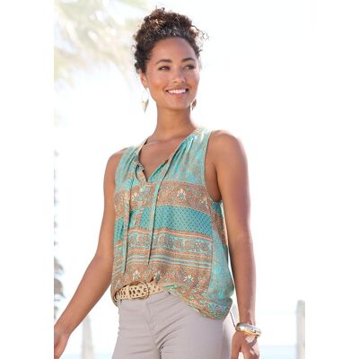 Tanktop LASCANA, Damen, Gr. 40/42, grün (türkis, bedruckt), Jersey, Obermaterial: 100% Viskose, figurumspielend hüftlang, V-Ausschnitt, Tops Tanktop, mit Bändern am Ausschnitt, Blusentop mit Alloverdruck Tanktop LASCANA, Damen, Gr. 40/42, grün (türkis, bedruckt), Jersey, Obermaterial: 100% Viskose, figurumspielend hüftlang, V-Ausschnitt, Tops Tanktop, mit Bändern am Ausschnitt, Blusentop mit Alloverdruck