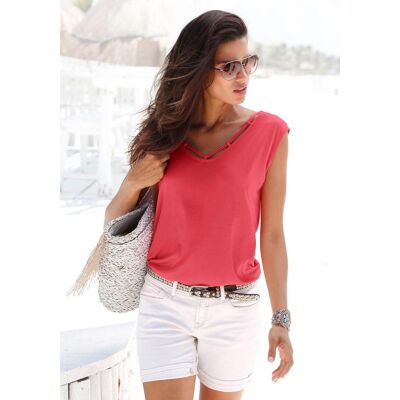 T-Shirt S.OLIVER, Damen, Gr. 40/42, orange (koralle), Jersey, Obermaterial: 100% Viskose, unifarben, figurumspielend hüftlang, V-Ausschnitt, Shirts T-Shirt, mit Zierbändern am Ausschnitt, Kurzarmshirt, sommerlich T-Shirt S.OLIVER, Damen, Gr. 40/42, orange (koralle), Jersey, Obermaterial: 100% Viskose, unifarben, figurumspielend hüftlang, V-Ausschnitt, Shirts T-Shirt, mit Zierbändern am Ausschnitt, Kurzarmshirt, sommerlich