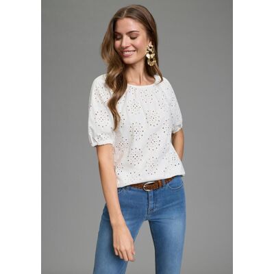 Schlupfbluse LAURA SCOTT, Damen, Gr. 44, weiss (weiß), Web, Obermaterial: 100% Baumwolle, unifarben, mit Gummizug, Blusen Schlupfbluse, mit echter Lochstickerei, aus Baumwolle Schlupfbluse LAURA SCOTT, Damen, Gr. 44, weiss (weiß), Web, Obermaterial: 100% Baumwolle, unifarben, mit Gummizug, Blusen Schlupfbluse, mit echter Lochstickerei, aus Baumwolle