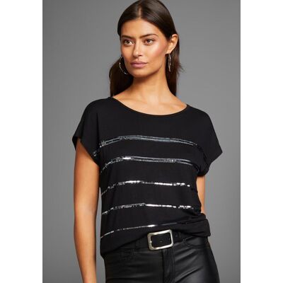 T-Shirt LAURA SCOTT, Damen, Gr. 48, schwarz, Single Jersey, Obermaterial: 95% Viskose, 5% Elasthan, Glitzerstreifen, gestreift, unifarben, figurumspielend hüftlang, Rundhals, angeschnitten, Shirts T-Shirt, figurumspielende Passform, Rundhalsausschnitt T-Shirt LAURA SCOTT, Damen, Gr. 48, schwarz, Single Jersey, Obermaterial: 95% Viskose, 5% Elasthan, Glitzerstreifen, gestreift, unifarben, figurumspielend hüftlang, Rundhals, angeschnitten, Shirts T-Shirt, figurumspielende Passform, Rundhalsausschnitt