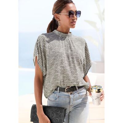 Kurzarmbluse LASCANA, Damen, Gr. 48, creme, schwarz bedruckt, Web, Obermaterial: 100% Viskose, bedruckt, figurumspielend hüftlang, weit, Blusen Kurzarmbluse, mit Alloverdruck, Damenbluse, sportlich elegant Kurzarmbluse LASCANA, Damen, Gr. 48, creme, schwarz bedruckt, Web, Obermaterial: 100% Viskose, bedruckt, figurumspielend hüftlang, weit, Blusen Kurzarmbluse, mit Alloverdruck, Damenbluse, sportlich elegant