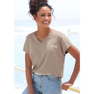 V-Shirt ELBSAND "Pajuk", Damen, Gr. XL (42), grau (taupe), Single Jersey, Obermaterial: 50% Baumwolle, 50% Polyester, unifarben, figurumspielend hüftlang, V-Ausschnitt, angeschnitten, Shirts V-Shirt, mit Logoprint, Kurzarmshirt, Basic V-Shirt ELBSAND "Pajuk", Damen, Gr. XL (42), grau (taupe), Single Jersey, Obermaterial: 50% Baumwolle, 50% Polyester, unifarben, figurumspielend hüftlang, V-Ausschnitt, angeschnitten, Shirts V-Shirt, mit Logoprint, Kurzarmshirt, Basic