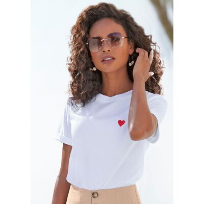 T-Shirt LASCANA, Damen, Gr. 40/42, weiss (weiß, rot), Jersey, Obermaterial: 100% Baumwolle, unifarben, figurumspielend hüftlang, Rundhals, Shirts T-Shirt, mit süsser Herz-Stickerei, Kurzarmshirt aus Baumwolle, Muttertag T-Shirt LASCANA, Damen, Gr. 40/42, weiss (weiß, rot), Jersey, Obermaterial: 100% Baumwolle, unifarben, figurumspielend hüftlang, Rundhals, Shirts T-Shirt, mit süsser Herz-Stickerei, Kurzarmshirt aus Baumwolle, Muttertag