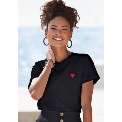 T-Shirt LASCANA, Damen, Gr. 40/42, schwarz, Jersey, Obermaterial: 100% Baumwolle, unifarben, figurumspielend hüftlang, Rundhals, Shirts T-Shirt, mit süsser Herz-Stickerei, Kurzarmshirt aus Baumwolle, Muttertag T-Shirt LASCANA, Damen, Gr. 40/42, schwarz, Jersey, Obermaterial: 100% Baumwolle, unifarben, figurumspielend hüftlang, Rundhals, Shirts T-Shirt, mit süsser Herz-Stickerei, Kurzarmshirt aus Baumwolle, Muttertag