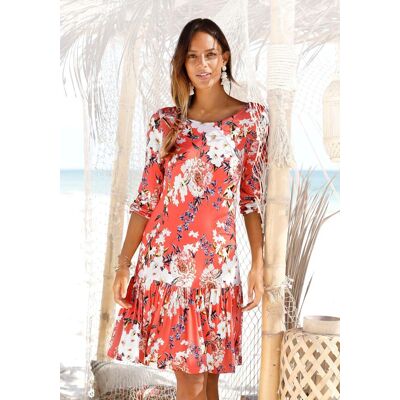 Jerseykleid S.OLIVER "mit Blumenprint und Volantrock, Druckkleid mit 3/4-Ärmeln", Damen, Gr. 50, N-Gr, koralle, bedruckt, Jersey, Obermaterial: 100% Viskose, bedruckt, geblümt, figurumspielend knielang, Rundhals, Kleider Jerseykleid, Sommerkleid, leichtes Jerseykleid S.OLIVER "mit Blumenprint und Volantrock, Druckkleid mit 3/4-Ärmeln", Damen, Gr. 50, N-Gr, koralle, bedruckt, Jersey, Obermaterial: 100% Viskose, bedruckt, geblümt, figurumspielend knielang, Rundhals, Kleider Jerseykleid, Sommerkleid, leichtes
