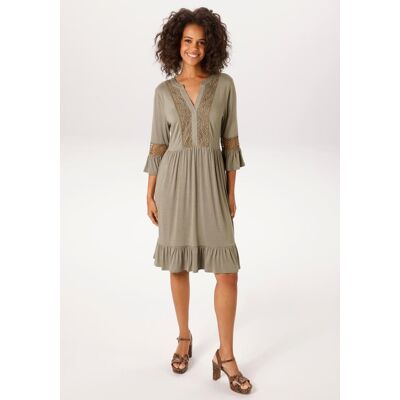 Tunikakleid ANISTON CASUAL, Damen, Gr. 36, N-Gr, hellkhaki, Single Jersey, Obermaterial: 95% Viskose, 5% Elasthan, unifarben, figurumspielend kniefrei, V-Ausschnitt, Volant, Kleider Tunikakleid, mit Häkelspitze vertiertes Vorderteil und Ärmel Tunikakleid ANISTON CASUAL, Damen, Gr. 36, N-Gr, hellkhaki, Single Jersey, Obermaterial: 95% Viskose, 5% Elasthan, unifarben, figurumspielend kniefrei, V-Ausschnitt, Volant, Kleider Tunikakleid, mit Häkelspitze vertiertes Vorderteil und Ärmel