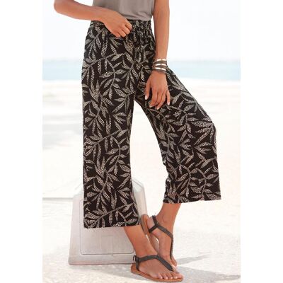 Culotte LASCANA "mit bequemen Bund und weiten Beinen", Damen, Gr. 34, N-Gr, schwarz (schwarz, sand bedruckt), Jersey, Obermaterial: 95% Viskose, 5% Elasthan, bedruckt, figurumspielend 7/8-Länge, Hosen Culotte, mit Blätterdruck, luftige Sommerhose in 7/8-L Culotte LASCANA "mit bequemen Bund und weiten Beinen", Damen, Gr. 34, N-Gr, schwarz (schwarz, sand bedruckt), Jersey, Obermaterial: 95% Viskose, 5% Elasthan, bedruckt, figurumspielend 7/8-Länge, Hosen Culotte, mit Blätterdruck, luftige Sommerhose in 7/8-L