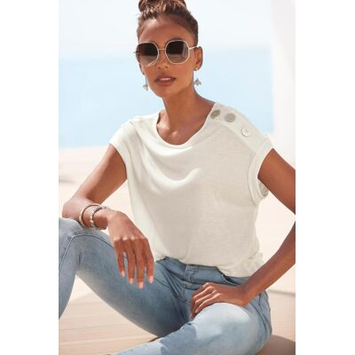 Kurzarmshirt BUFFALO, Damen, Gr. 32/34, beige (creme), Jersey, Obermaterial: 100% Viskose, unifarben, figurumspielend hüftlang, Rundhals, Aufschlag, Shirts Kurzarmshirt, mit Zierknöpfen, bequemes T-Shirt aus Jersey, Basic Kurzarmshirt BUFFALO, Damen, Gr. 32/34, beige (creme), Jersey, Obermaterial: 100% Viskose, unifarben, figurumspielend hüftlang, Rundhals, Aufschlag, Shirts Kurzarmshirt, mit Zierknöpfen, bequemes T-Shirt aus Jersey, Basic
