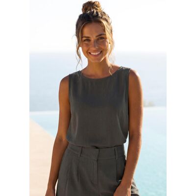 Blusentop LASCANA, Damen, Gr. 42, grün (khaki), Web, Obermaterial: 85% Viskose, 15% Leinen, unifarben, figurumspielend hüftlang, Rundhals, Blusen Blusentop, mit Leinenanteil, kurz geschnittenes Top Blusentop LASCANA, Damen, Gr. 42, grün (khaki), Web, Obermaterial: 85% Viskose, 15% Leinen, unifarben, figurumspielend hüftlang, Rundhals, Blusen Blusentop, mit Leinenanteil, kurz geschnittenes Top