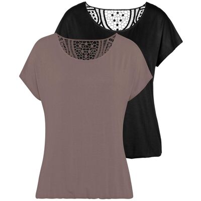 Kurzarmshirt VIVANCE "mit sommerlicher Häkelspitze am Rücken", Damen, Gr. 32/34, grau (taupe, schwarz), Single Jersey, Obermaterial: 95% Viskose (LENZING™ ECOVERO™), 5% Elasthan. Spitze: 100% Baumwolle, unifarben, bequem, Rundhals, angeschnitten, Shirts K Kurzarmshirt VIVANCE "mit sommerlicher Häkelspitze am Rücken", Damen, Gr. 32/34, grau (taupe, schwarz), Single Jersey, Obermaterial: 95% Viskose (LENZING™ ECOVERO™), 5% Elasthan. Spitze: 100% Baumwolle, unifarben, bequem, Rundhals, angeschnitten, Shirts K