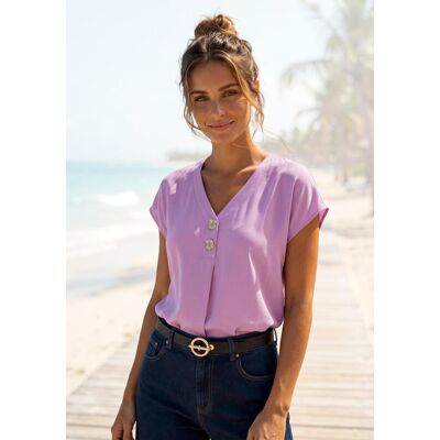 Schlupfbluse LASCANA, Damen, Gr. 52, flieder, Web, Obermaterial: 100% Viskose, unifarben, figurumspielend hüftlang, V-Ausschnitt, Blusen Schlupfbluse, mit modischen Knöpfen, luftige Kurzarmbluse, sommerlich Schlupfbluse LASCANA, Damen, Gr. 52, flieder, Web, Obermaterial: 100% Viskose, unifarben, figurumspielend hüftlang, V-Ausschnitt, Blusen Schlupfbluse, mit modischen Knöpfen, luftige Kurzarmbluse, sommerlich