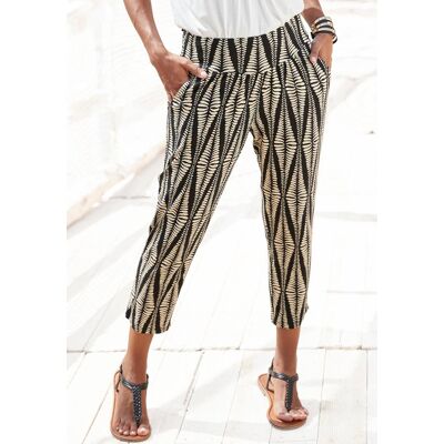 7/8-Strandhose LASCANA "aus leichtem Viskosejersey", Damen, Gr. 38, N-Gr, beige (schwarz, sand, bedruckt), Jersey, Obermaterial: 95% Viskose, 5% Elasthan, bedruckt, figurumspielend 7/8-Länge, Hosen 7/8-Strandhose, mit breitem Bündchen und Allover-Druck, J 7/8-Strandhose LASCANA "aus leichtem Viskosejersey", Damen, Gr. 38, N-Gr, beige (schwarz, sand, bedruckt), Jersey, Obermaterial: 95% Viskose, 5% Elasthan, bedruckt, figurumspielend 7/8-Länge, Hosen 7/8-Strandhose, mit breitem Bündchen und Allover-Druck, J