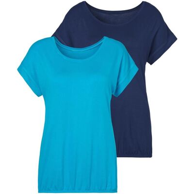 Kurzarmshirt VIVANCE "mit Gummizug im Bund", Damen, Gr. 44/46, blau (türkis, navy), Obermaterial: 95% Viskose (LENZING™ ECOVERO™), 5% Elasthan, unifarben, Basic, figurumspielend normal, Rundhals, angeschnitten, Shirts Kurzarmshirt, Sommershirts aus weiche Kurzarmshirt VIVANCE "mit Gummizug im Bund", Damen, Gr. 44/46, blau (türkis, navy), Obermaterial: 95% Viskose (LENZING™ ECOVERO™), 5% Elasthan, unifarben, Basic, figurumspielend normal, Rundhals, angeschnitten, Shirts Kurzarmshirt, Sommershirts aus weiche