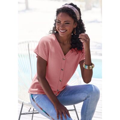 Kurzarmshirt LASCANA "mit Zierknopfleiste", Damen, Gr. 44/46, lila (beere), Piqué, Obermaterial: 69% Polyester (REPREVE), 28% Viskose, 3% Elasthan, unifarben, bequem normal, V-Ausschnitt, Shirts Kurzarmshirt, Sommershirt aus luftiger Piqué-Qualität Kurzarmshirt LASCANA "mit Zierknopfleiste", Damen, Gr. 44/46, lila (beere), Piqué, Obermaterial: 69% Polyester (REPREVE), 28% Viskose, 3% Elasthan, unifarben, bequem normal, V-Ausschnitt, Shirts Kurzarmshirt, Sommershirt aus luftiger Piqué-Qualität