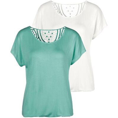 Kurzarmshirt VIVANCE "mit sommerlicher Häkelspitze am Rücken", Damen, Gr. 44/46, grün (mint, creme), Single Jersey, Obermaterial: 95% Viskose (LENZING™ ECOVERO™), 5% Elasthan. Spitze: 100% Baumwolle, unifarben, bequem, Rundhals, angeschnitten, Shirts Kurz Kurzarmshirt VIVANCE "mit sommerlicher Häkelspitze am Rücken", Damen, Gr. 44/46, grün (mint, creme), Single Jersey, Obermaterial: 95% Viskose (LENZING™ ECOVERO™), 5% Elasthan. Spitze: 100% Baumwolle, unifarben, bequem, Rundhals, angeschnitten, Shirts Kurz