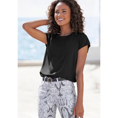 Kurzarmshirt LASCANA, Damen, Gr. 40/42, schwarz, Jersey, Obermaterial: 100% Viskose, unifarben, figurumspielend hüftlang, Rundhals, Aufschlag, Shirts Kurzarmshirt, mit Rundhalsausschnitt, Jerseyware, Ärmelaufschlag, Basic Kurzarmshirt LASCANA, Damen, Gr. 40/42, schwarz, Jersey, Obermaterial: 100% Viskose, unifarben, figurumspielend hüftlang, Rundhals, Aufschlag, Shirts Kurzarmshirt, mit Rundhalsausschnitt, Jerseyware, Ärmelaufschlag, Basic
