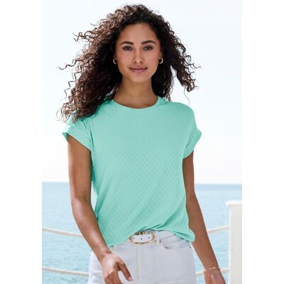 Kurzarmshirt VIVANCE "mit modischem Jacquard-Muster", Damen, Gr. 40/42, mint, Single Jersey, Obermaterial: 63% Polyester, 29% Viskose, 8% Elasthan, unifarben, figurumspielend, Rundhals, Shirts Kurzarmshirt, aus luftiger Qualität mit Viskose Kurzarmshirt VIVANCE "mit modischem Jacquard-Muster", Damen, Gr. 40/42, mint, Single Jersey, Obermaterial: 63% Polyester, 29% Viskose, 8% Elasthan, unifarben, figurumspielend, Rundhals, Shirts Kurzarmshirt, aus luftiger Qualität mit Viskose