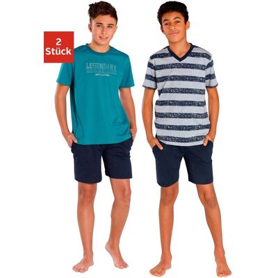 Pyjama LE JOGGER, Jungen, Gr. 122/128, bunt (petrol, marine, grau, meliert, marine), Jersey, Obermaterial: 100% Baumwolle, bedruckt, gestreift, Basic, lässig geschnitten kurz, Rundhals, abgesteppte Kante, Homewear-Sets Pyjama, mit unterschiedlichen Shirts Pyjama LE JOGGER, Jungen, Gr. 122/128, bunt (petrol, marine, grau, meliert, marine), Jersey, Obermaterial: 100% Baumwolle, bedruckt, gestreift, Basic, lässig geschnitten kurz, Rundhals, abgesteppte Kante, Homewear-Sets Pyjama, mit unterschiedlichen Shirts