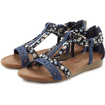 Sandale LASCANA "Sommerschuh", Damen, Gr. 43, blau, Obermaterial: 50% Lederimitat, 50% Textilmaterial. Decksohle: 100% Lederimitat. Futter: 100% Lederimitat. Laufsohle: 100% Synthetik, bedruckt, mehrfarbig, Schuhe Sandale, Sandalette, Sommerschuh mit Riem Sandale LASCANA "Sommerschuh", Damen, Gr. 43, blau, Obermaterial: 50% Lederimitat, 50% Textilmaterial. Decksohle: 100% Lederimitat. Futter: 100% Lederimitat. Laufsohle: 100% Synthetik, bedruckt, mehrfarbig, Schuhe Sandale, Sandalette, Sommerschuh mit Riem