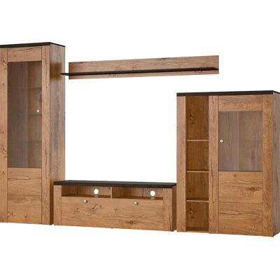 Wohnwand GOODPRODUCT "Larona, Anbauwand, Set 4 Teilig", braun (eichefarben lefkas, schwarzwood), B:305cm, Kastenmöbel-Sets, Wohnwand, bestehend aus 1 TV-Board, 1 Highboard, 1 Vitrine, 1 Wandregal Wohnwand GOODPRODUCT "Larona, Anbauwand, Set 4 Teilig", braun (eichefarben lefkas, schwarzwood), B:305cm, Kastenmöbel-Sets, Wohnwand, bestehend aus 1 TV-Board, 1 Highboard, 1 Vitrine, 1 Wandregal