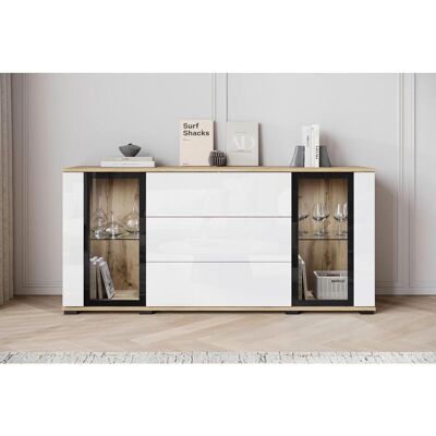 P & B Sideboard , Eiche Wotan, Weiss Hochglanz , Kunststoff , 2 Fächer , 3 Schublade(n) Schubladen , kaltweiss , 150x69.7x39.5 cm , FSC , stehend , Kleinmöbel, Kommoden, Sideboards P & B Sideboard , Eiche Wotan, Weiss Hochglanz , Kunststoff , 2 Fächer , 3 Schublade(n) Schubladen , kaltweiss , 150x69.7x39.5 cm , FSC , stehend , Kleinmöbel, Kommoden, Sideboards